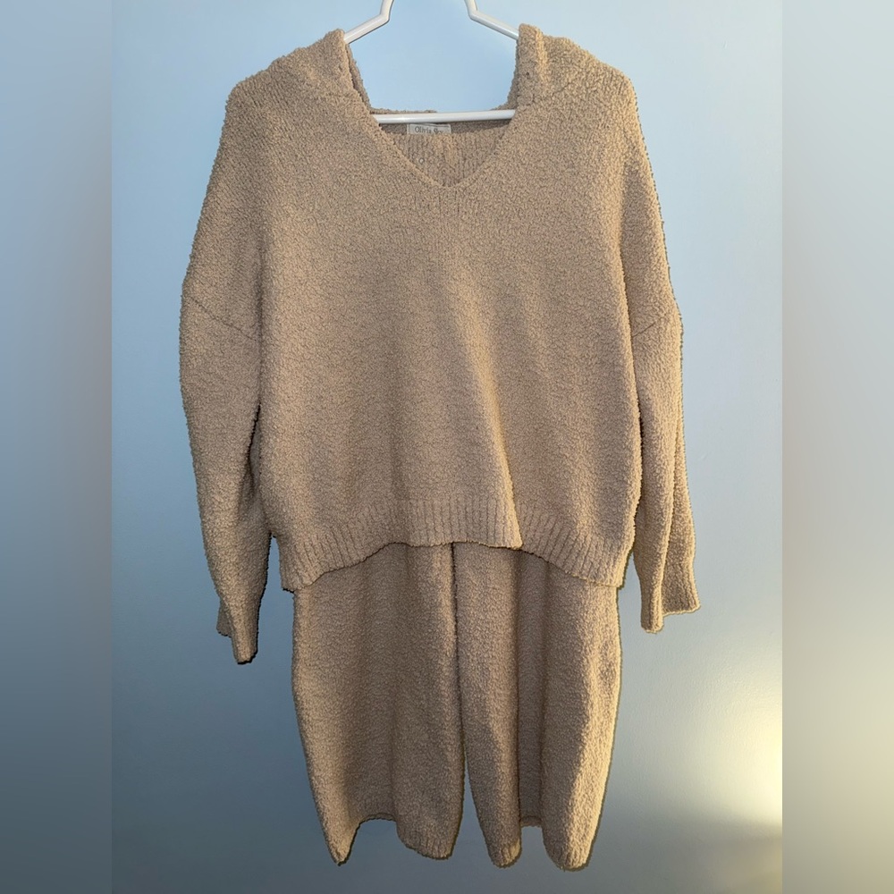 Cozy V-Neck Hooded Sweater Set - Beige